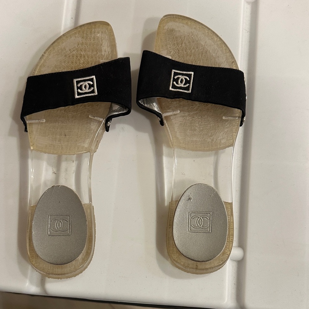 CHANEL Black Slide Mules with Clear Lucite Heel